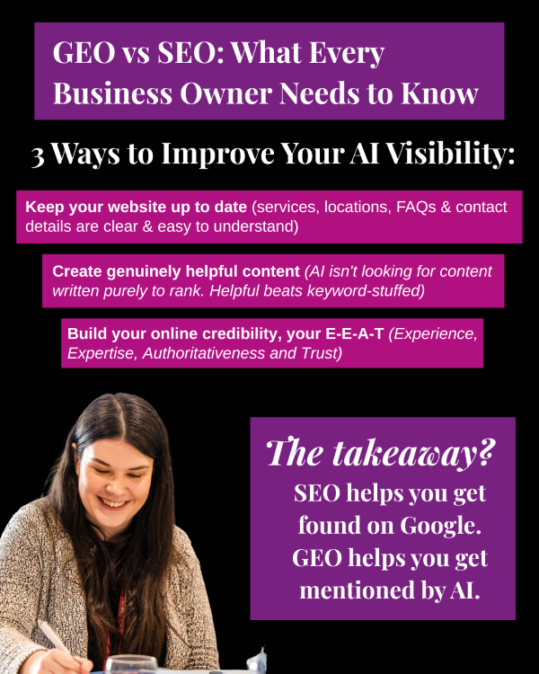 GEO vs SEO infographic showing 3 ways to improve AI visibility for businesses: keep your website updated, create helpful content, and build E-E-A-T credibility