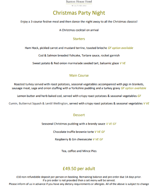 Client Image: Stanton House Hotel Christmas Party Menu